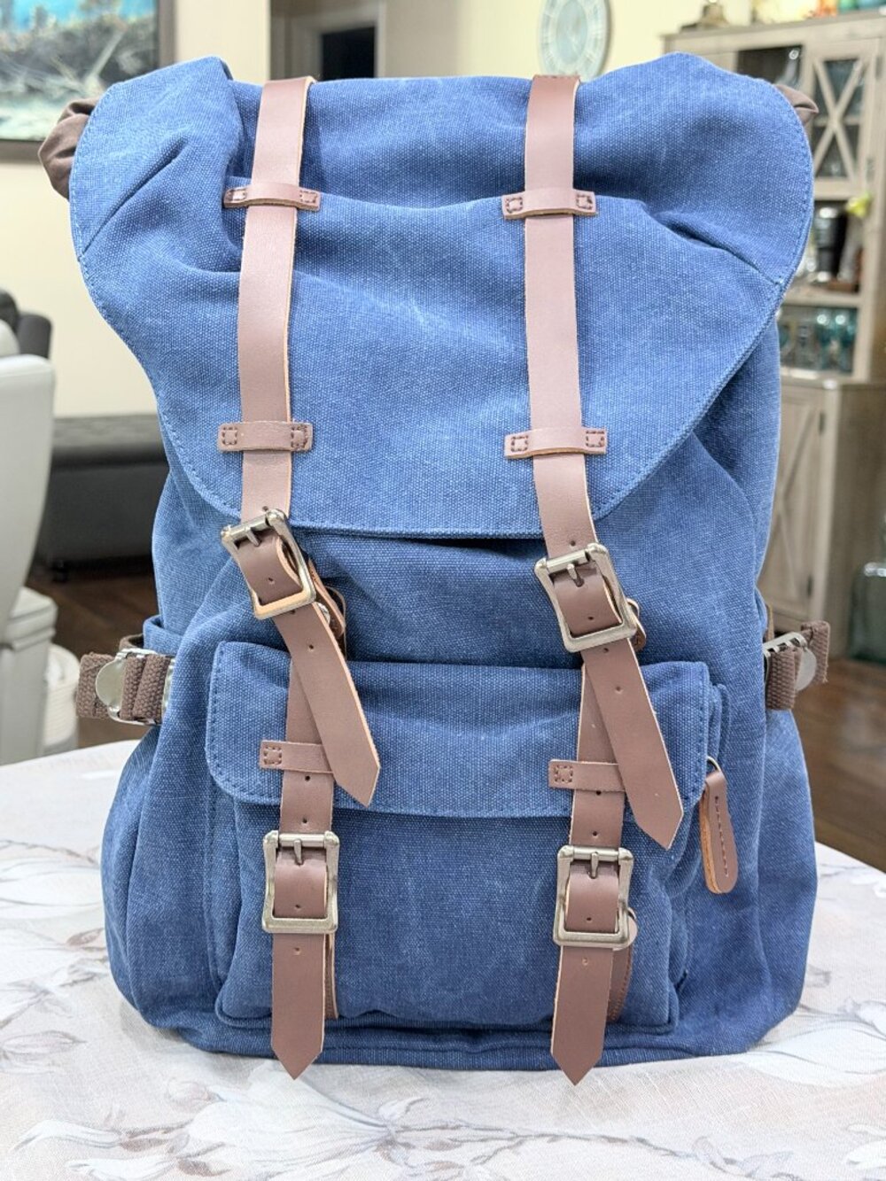 Blue Canvas Laptop Backpack Roll Top Leather Strap Travel School Hiking Bag